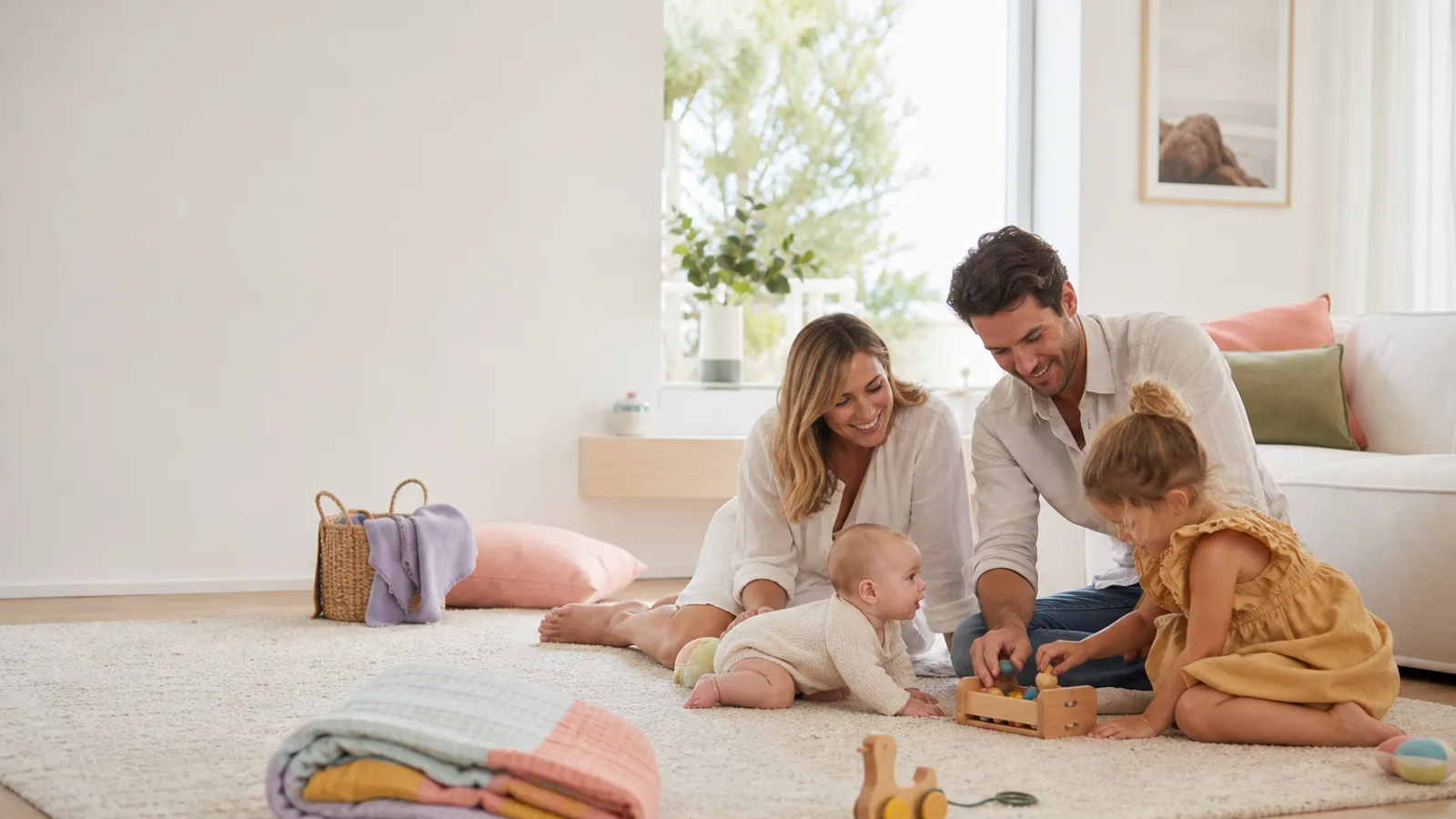 A family enjoying a quiet morning together in a bright Australian home