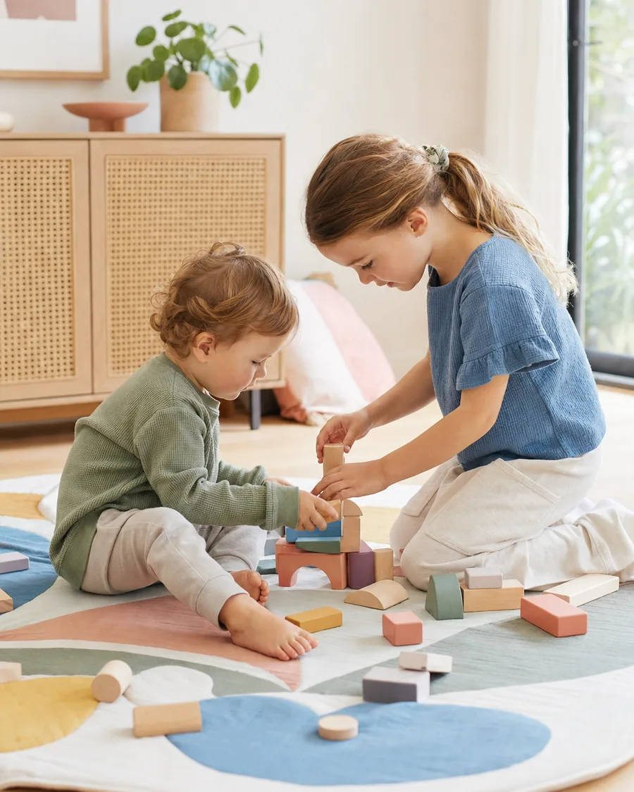 Two children building with wooden blocks