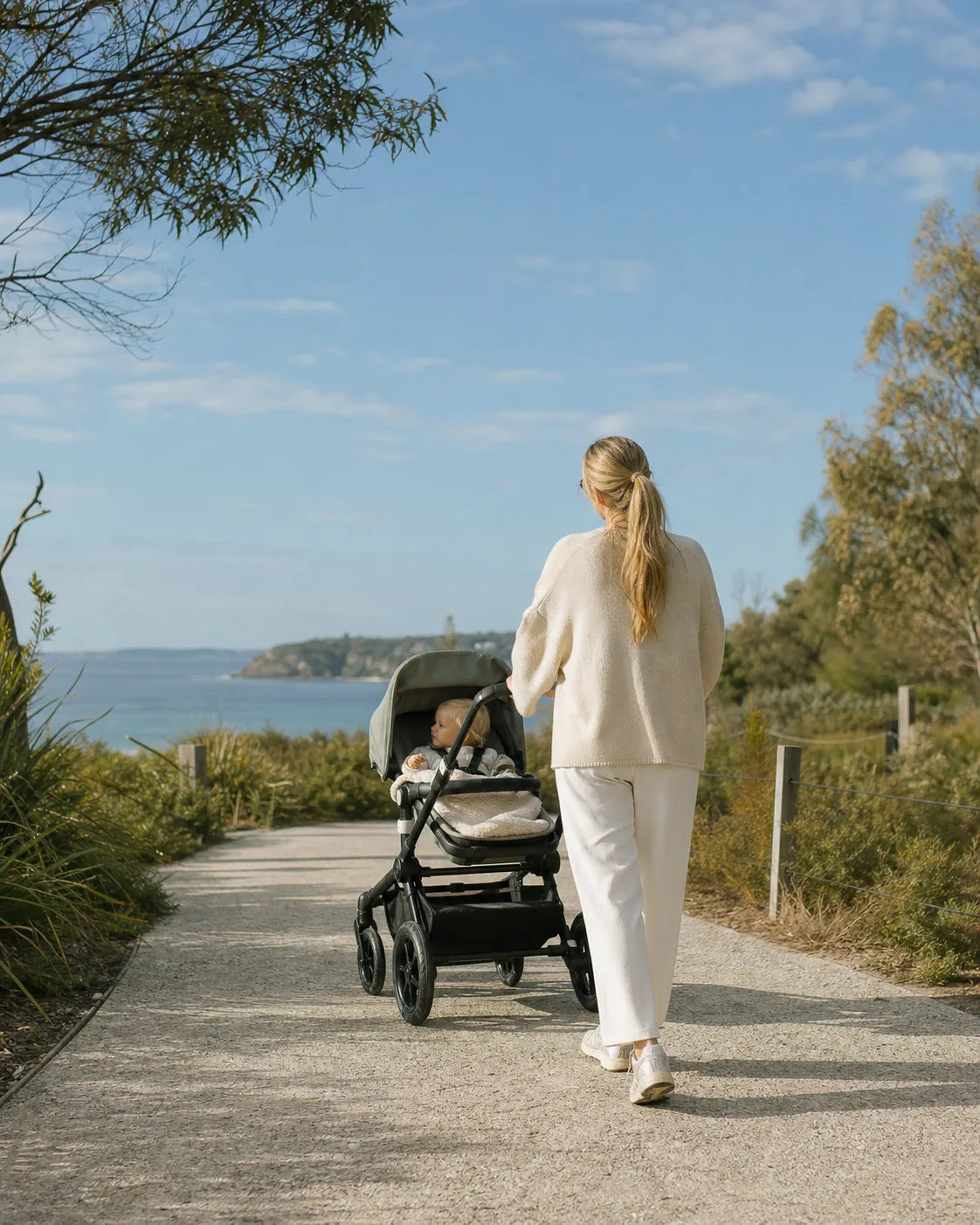 A parent taking a pram walk along an Australian coastal path
